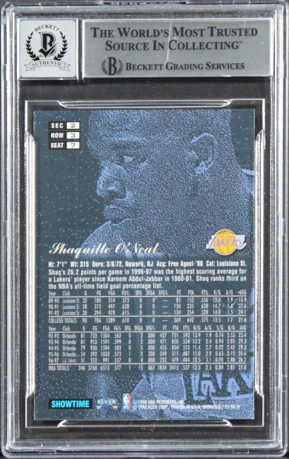 Lakers Shaquille O'Neal Signed 1997 Flair Showcase #7 Card Auto 10! BAS Slabbed