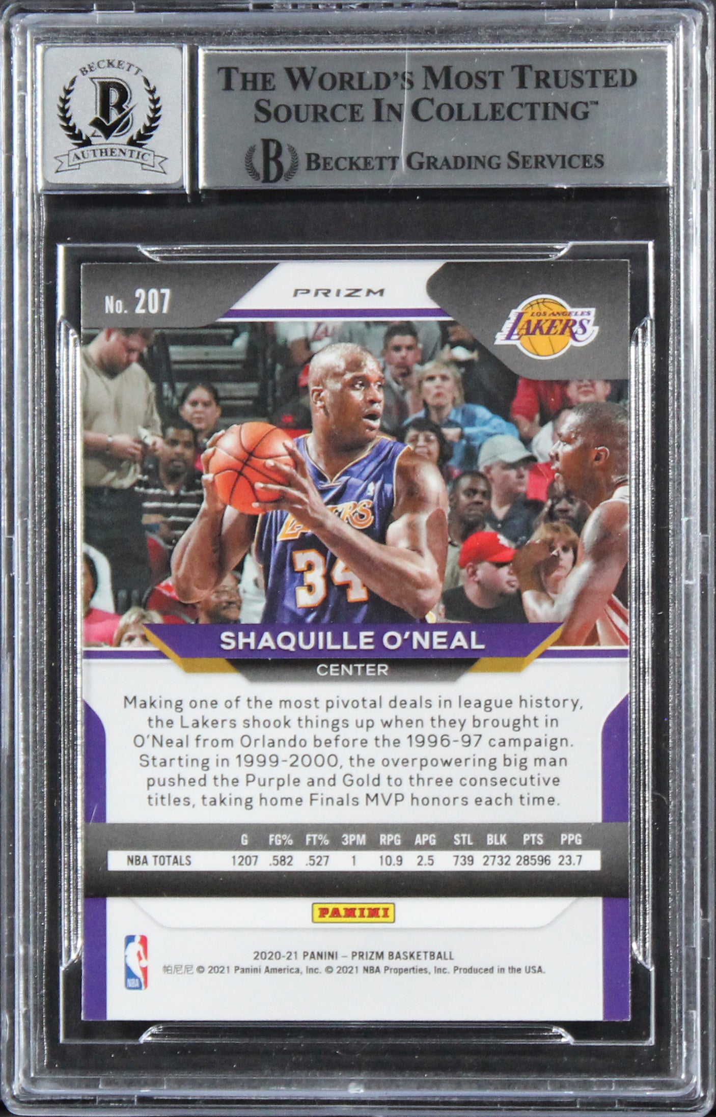 Lakers Shaquille O'Neal Signed 2020 Panini Prizm RI #207 Card Auto 10! BAS Slab