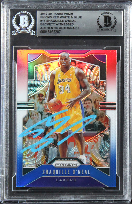 Lakers Shaquille O'Neal Signed 2019 Panini Prizm RW&B #11 Card BAS Slabbed
