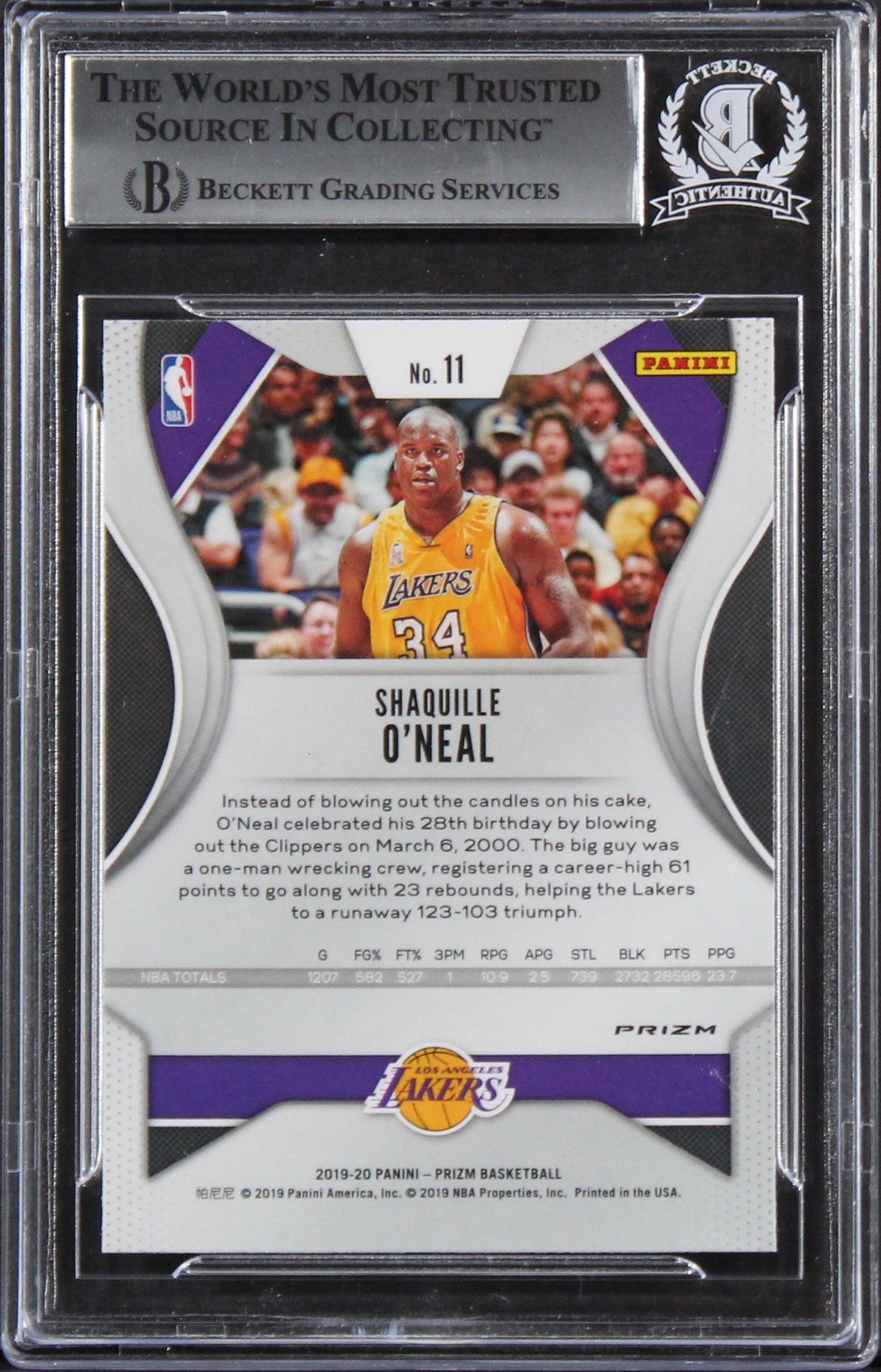 Lakers Shaquille O'Neal Signed 2019 Panini Prizm RW&B #11 Card BAS Slabbed