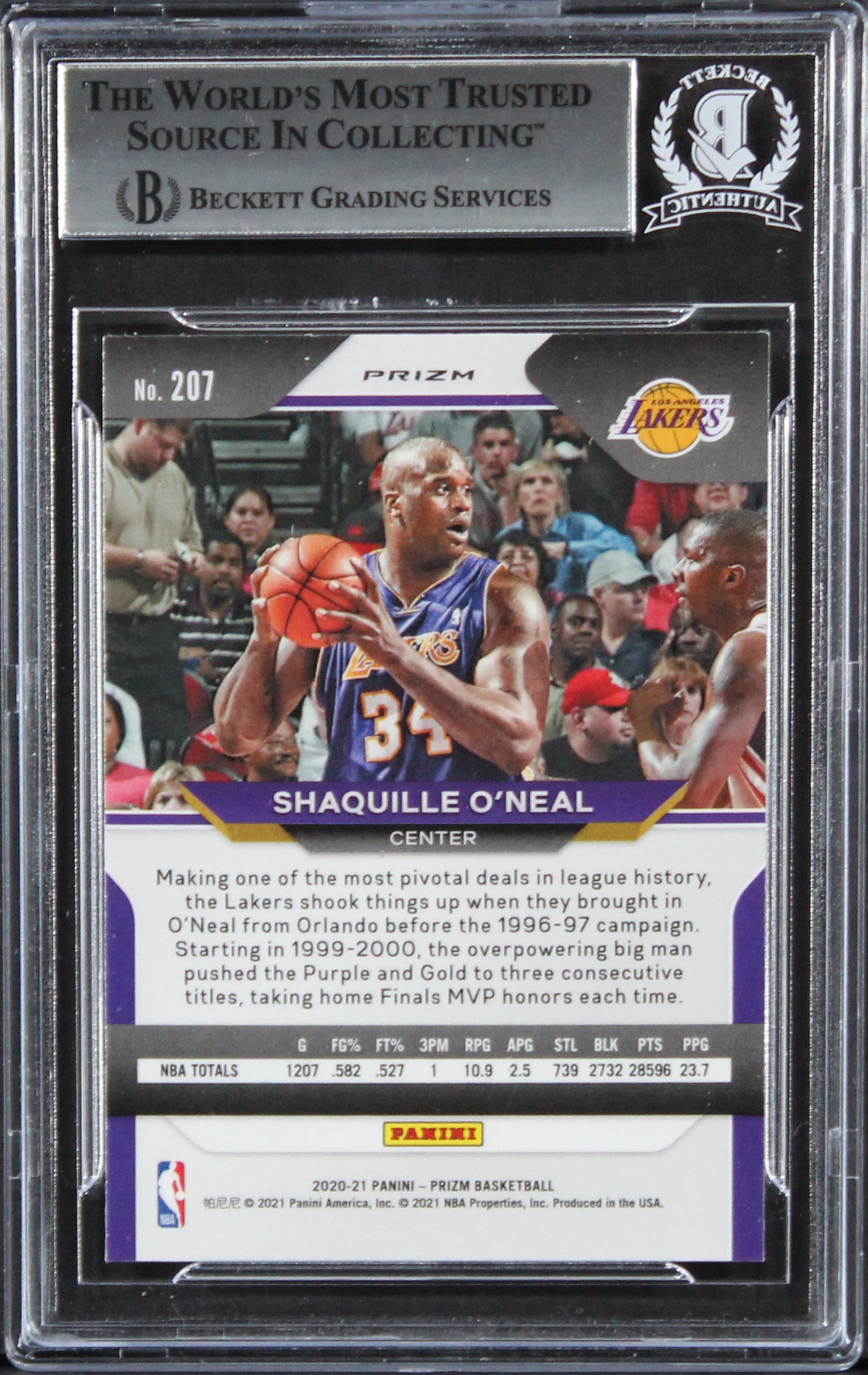 Lakers Shaquille O'Neal Signed 2020 Panini Prizm RW&B #207 Card BAS Slabbed