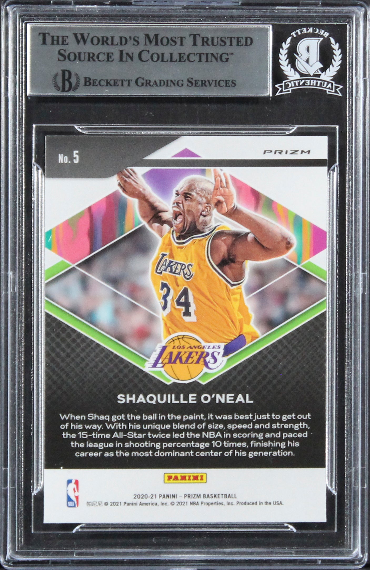 Lakers Shaquille O'Neal Signed 2020 Panini Prizm Silver #5 Card BAS Slabbed