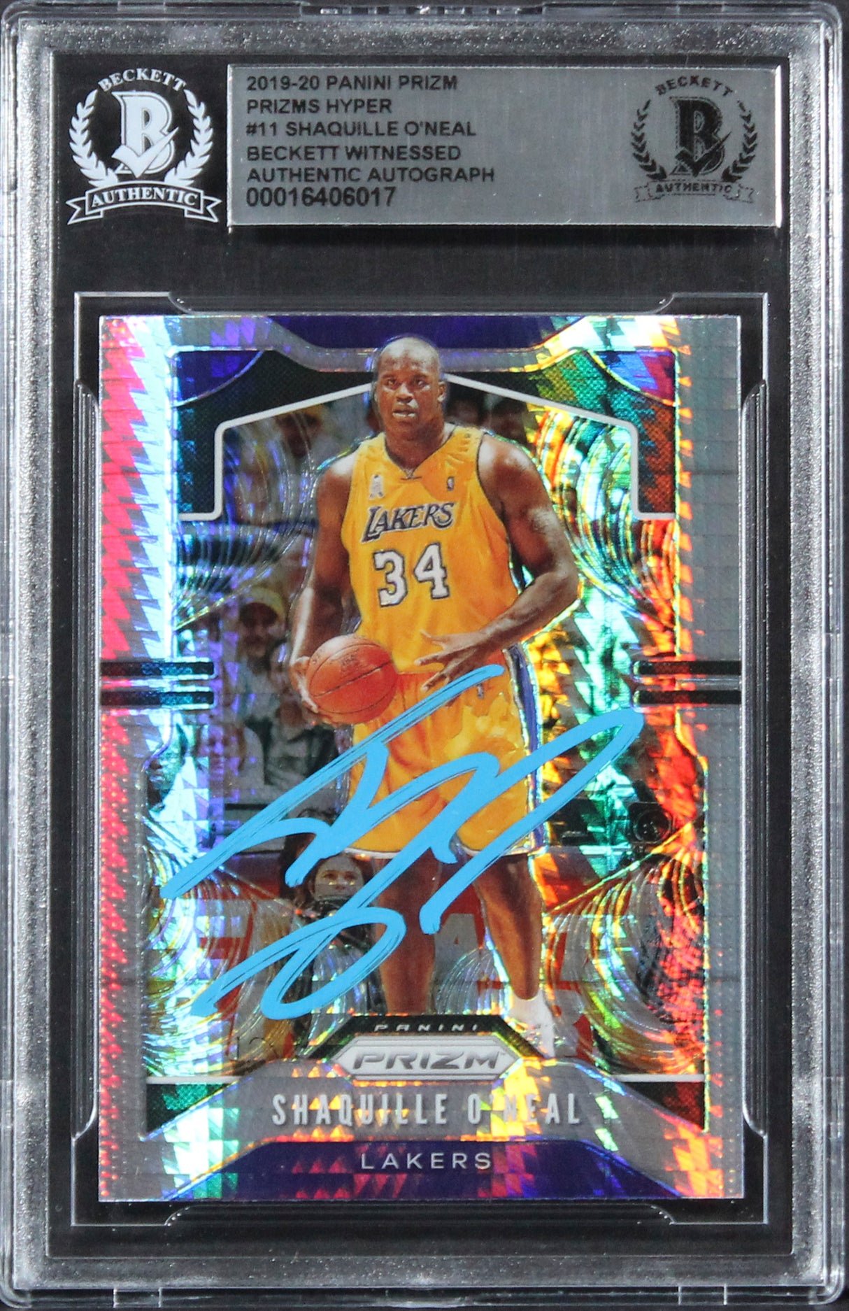 Lakers Shaquille O'Neal Signed 2019 Panini Prizm Hyper #11 Card BAS Slabbed