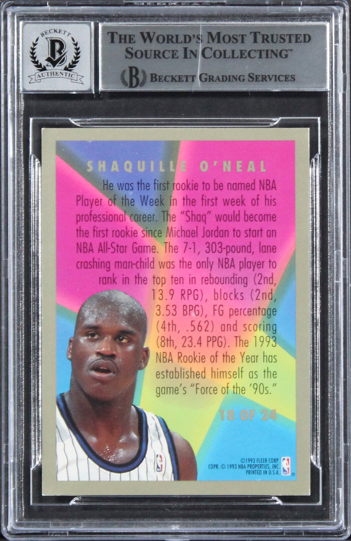 Magic Shaquille O'Neal Signed 1993 Fleer RS #18 Card Auto 10! BAS Slabbed