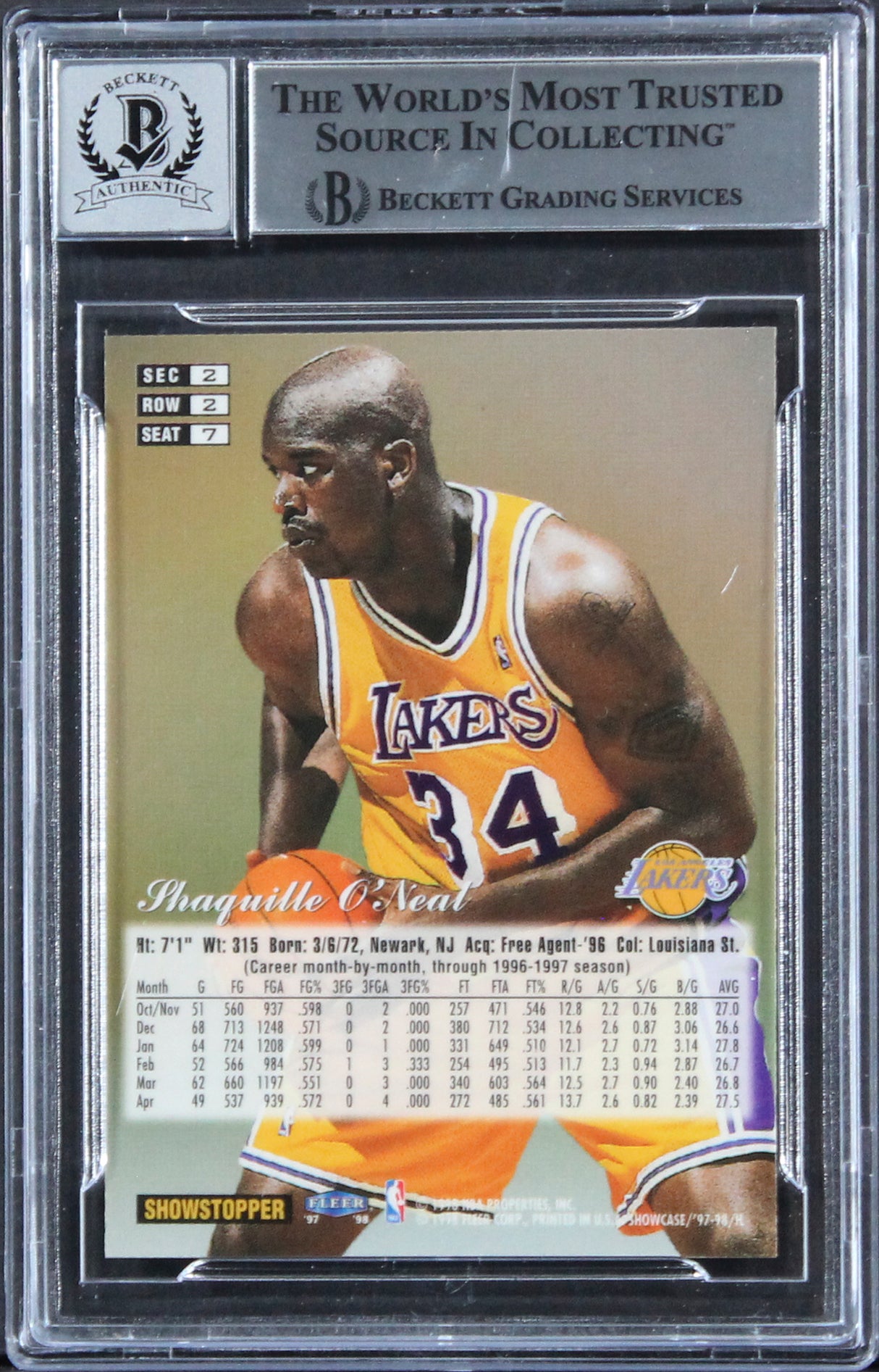 Lakers Shaquille O'Neal Signed 1997 Flair Showcase #7 Card Auto 10! BAS Slabbed