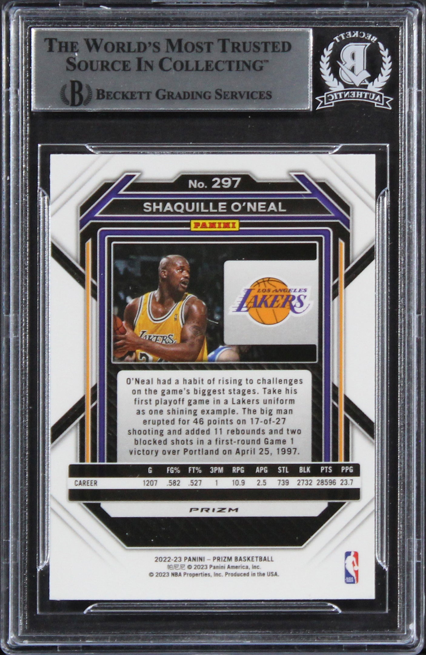 Lakers Shaquille O'Neal Signed 2022 Panini Prizms Ice #297 Card BAS Slabbed