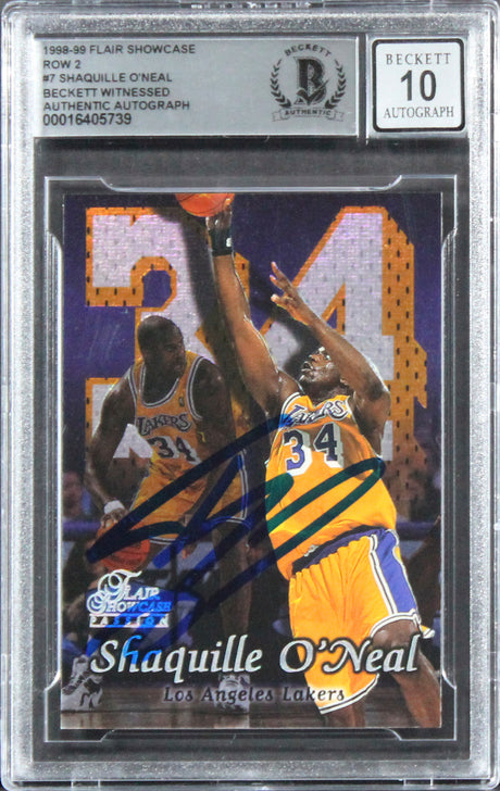 Lakers Shaquille O'Neal Signed 1998 Flair Showcase #7 Card Auto 10! BAS Slabbed