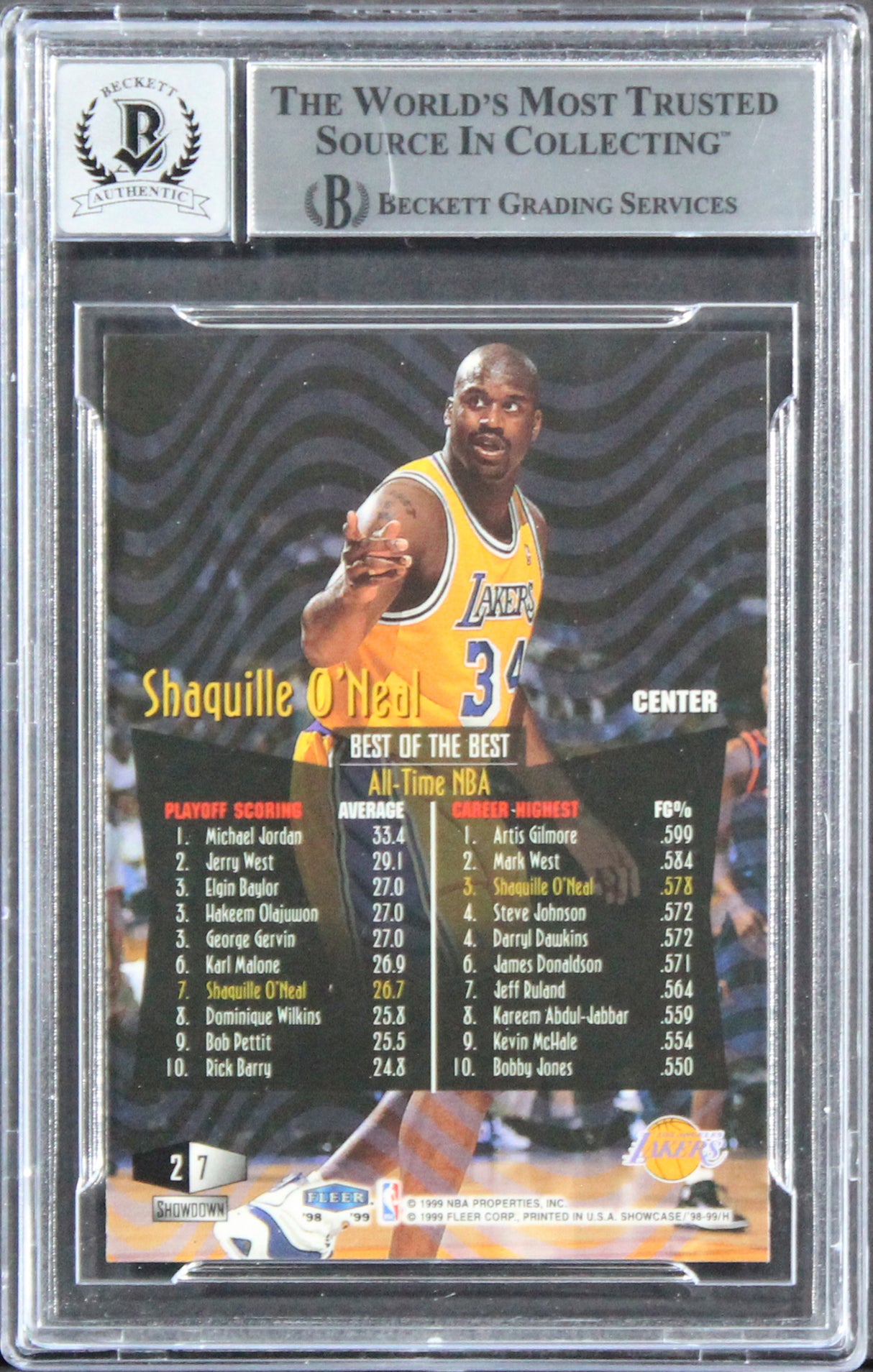Lakers Shaquille O'Neal Signed 1998 Flair Showcase #7 Card Auto 10! BAS Slabbed