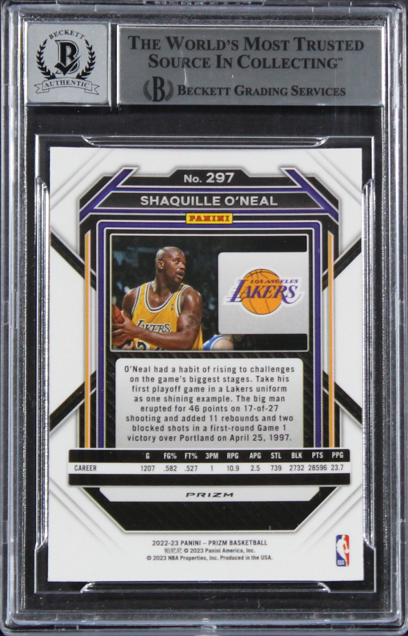 Lakers Shaquille O'Neal Signed 2022 Panini Prizm PI #297 Card Auto 10! BAS Slab