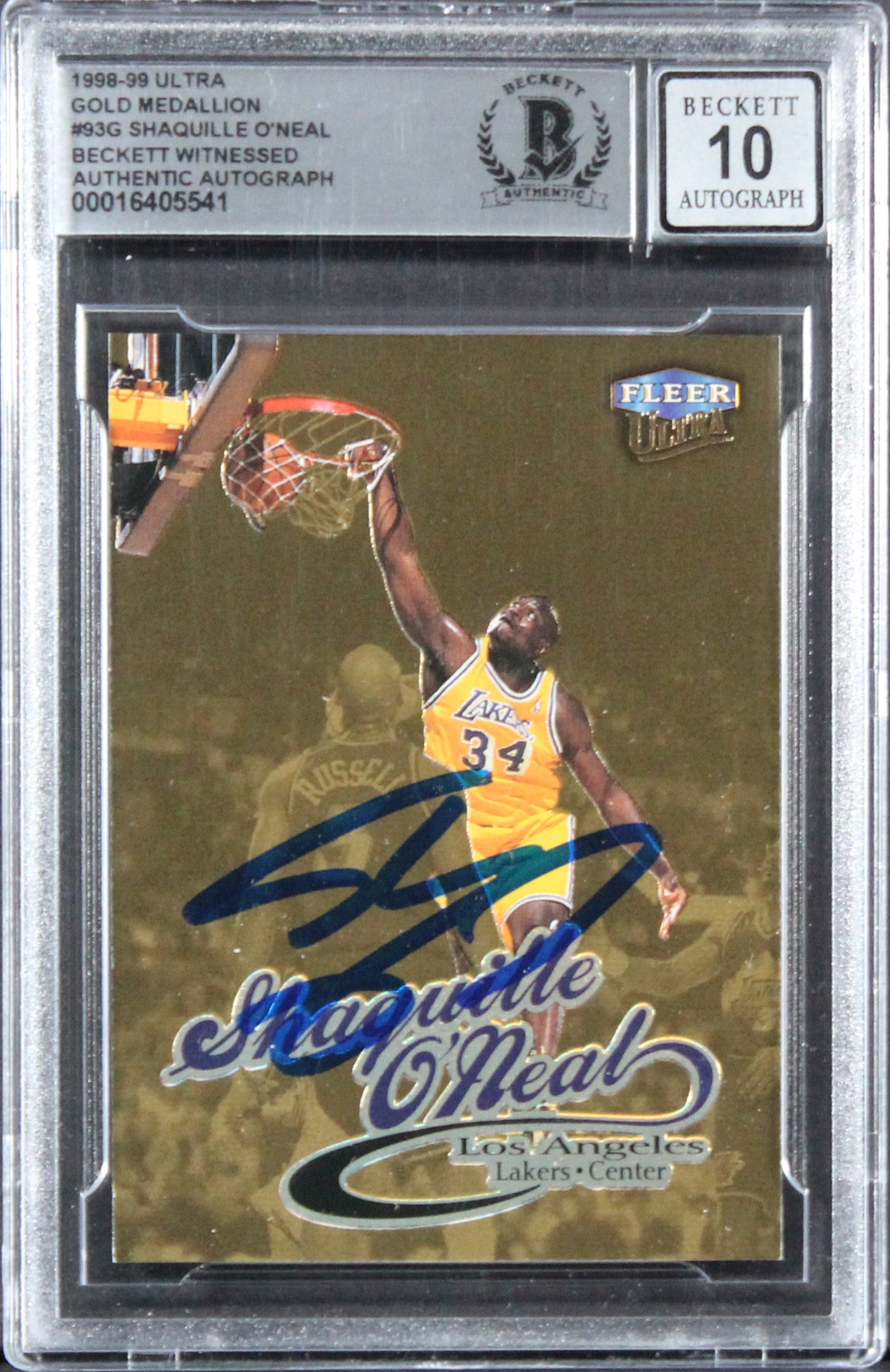 Lakers Shaquille O'Neal Signed 1998 Ultra GM #93G Card Auto 10! BAS Slabbed