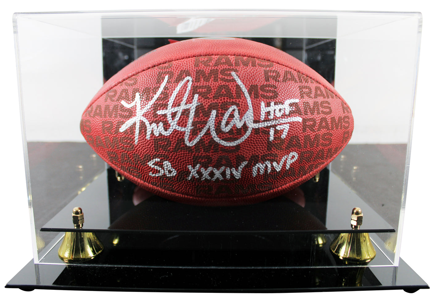 Rams Kurt Warner "2x Insc" Signed "Duke" Team Showcase Football W/ Case BAS Wit