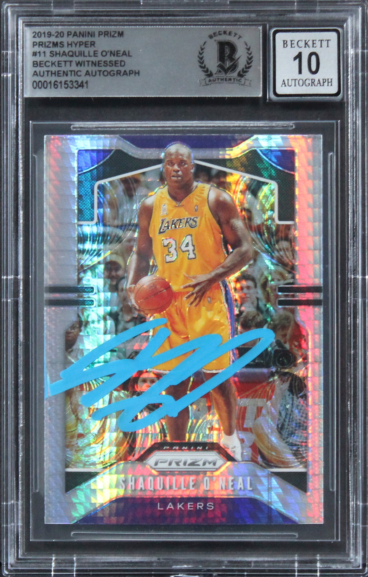 Lakers Shaquille O'Neal Signed 2019 Panini Prizm Hyper #11 Card Auto 10 BAS Slab