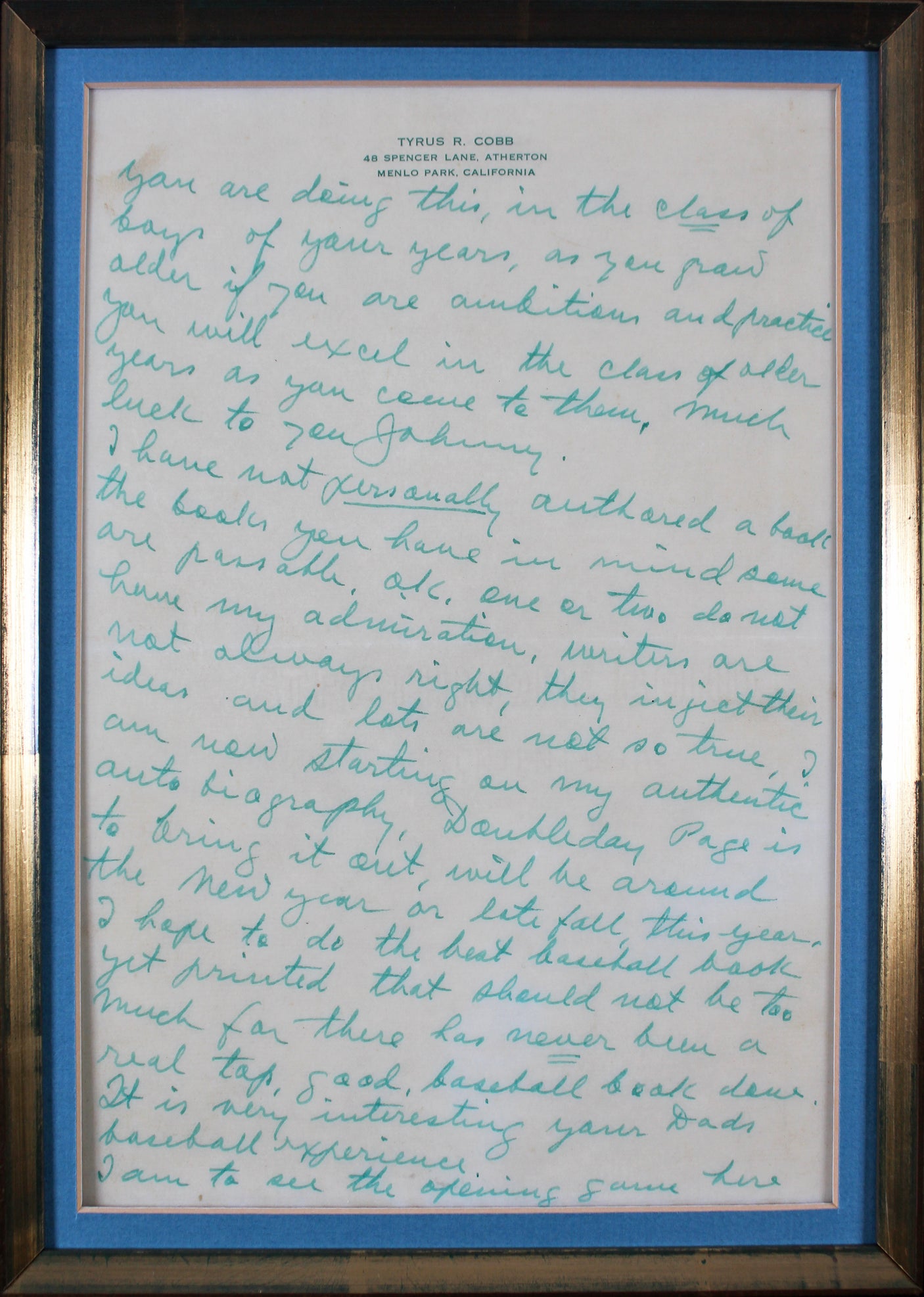 Tigers Ty Cobb Authentic Signed & Framed 3 Page 1960 Letter JSA #YY73275