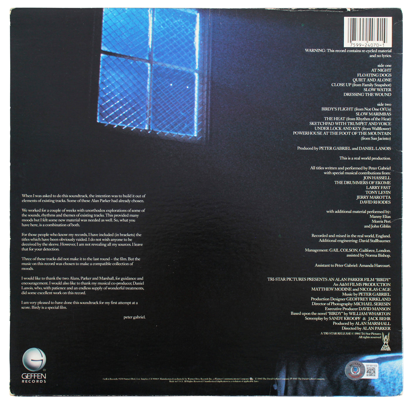 Peter Gabriel Authentic Signed Birdy Album Cover Autographed BAS #BF88169