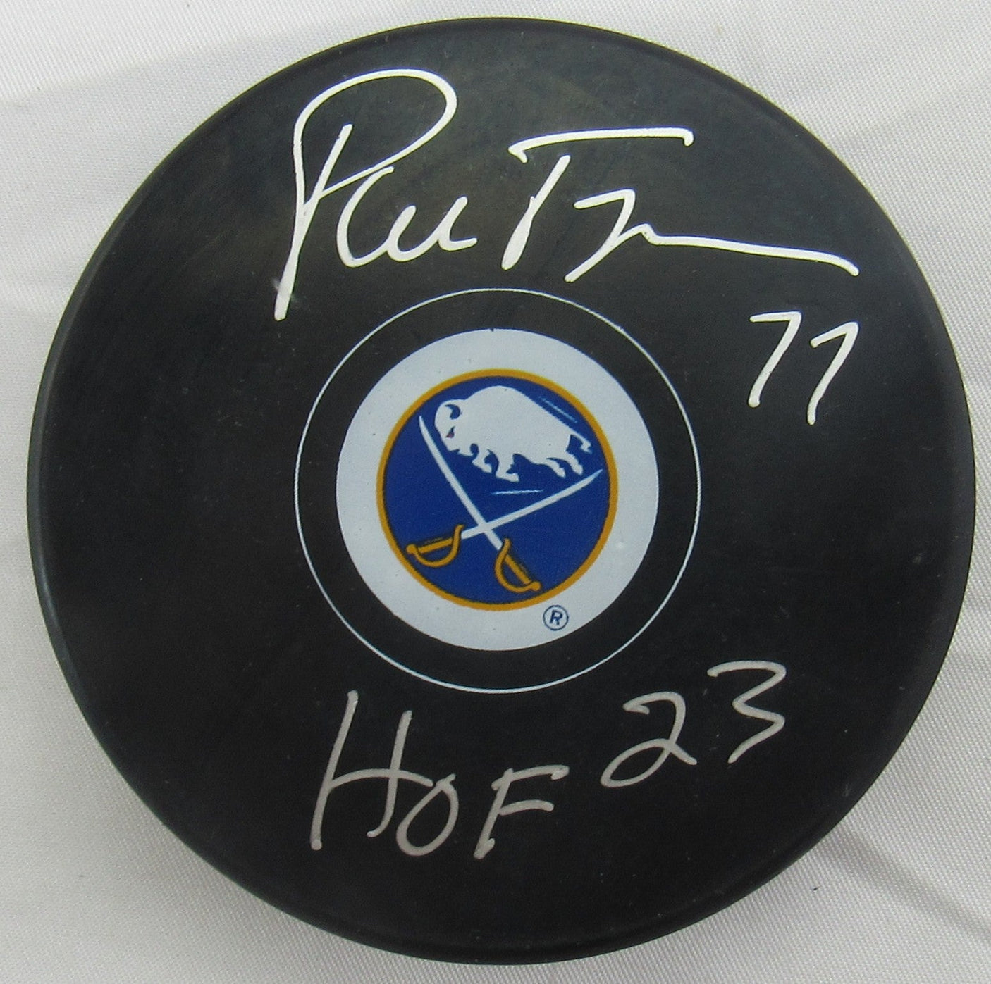 Pierre Turgeon Signed Auto Autograph Sabers Logo Hockey Puck w/ Insc JSA Witnessed