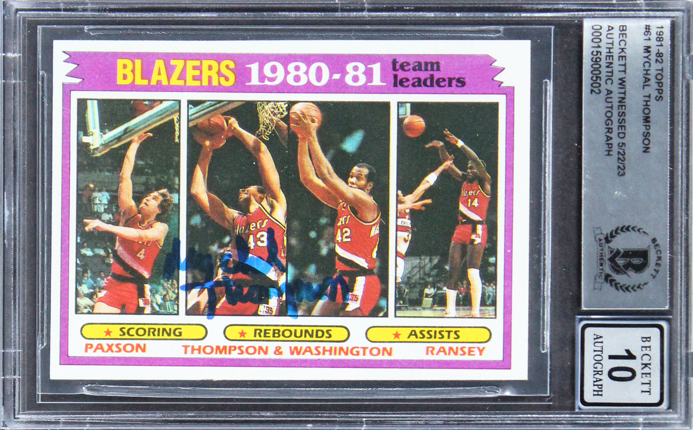 Blazers Mychal Thompson 1978 #1 Pick Signed 1981 Topps #61 Card Auto 10 BAS Slab
