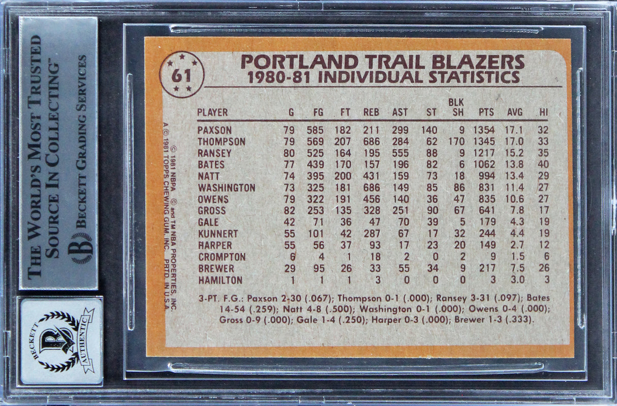 Blazers Mychal Thompson 1978 #1 Pick Signed 1981 Topps #61 Card Auto 10 BAS Slab