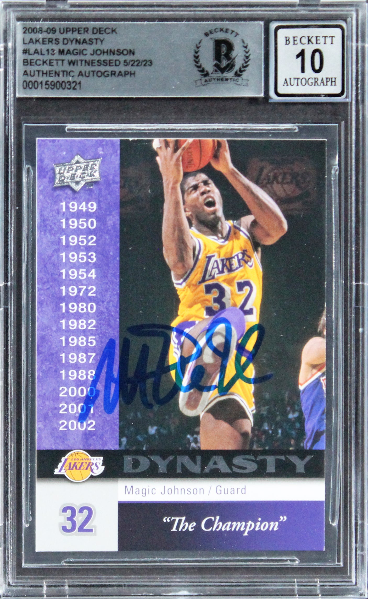 Lakers Magic Johnson Signed 2008 Upper Deck Dynasty #LAL13 Card Auto 10 BAS Slab
