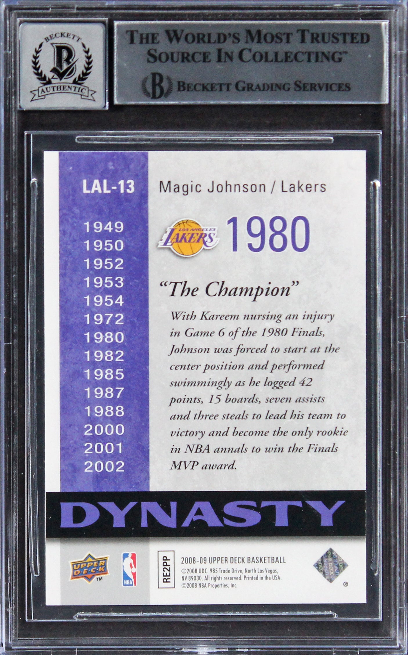 Lakers Magic Johnson Signed 2008 Upper Deck Dynasty #LAL13 Card Auto 10 BAS Slab