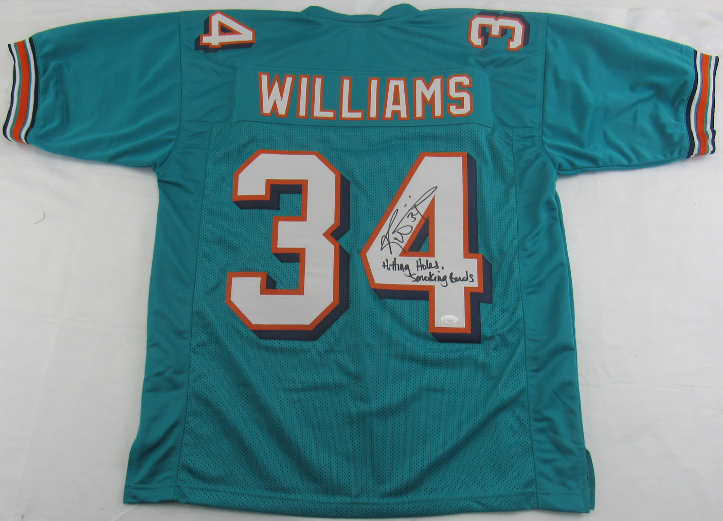 Ricky Williams Signed Auto Autograph Replica Dolphins Jersey w/ Hitting Holes Insc JSA Witness