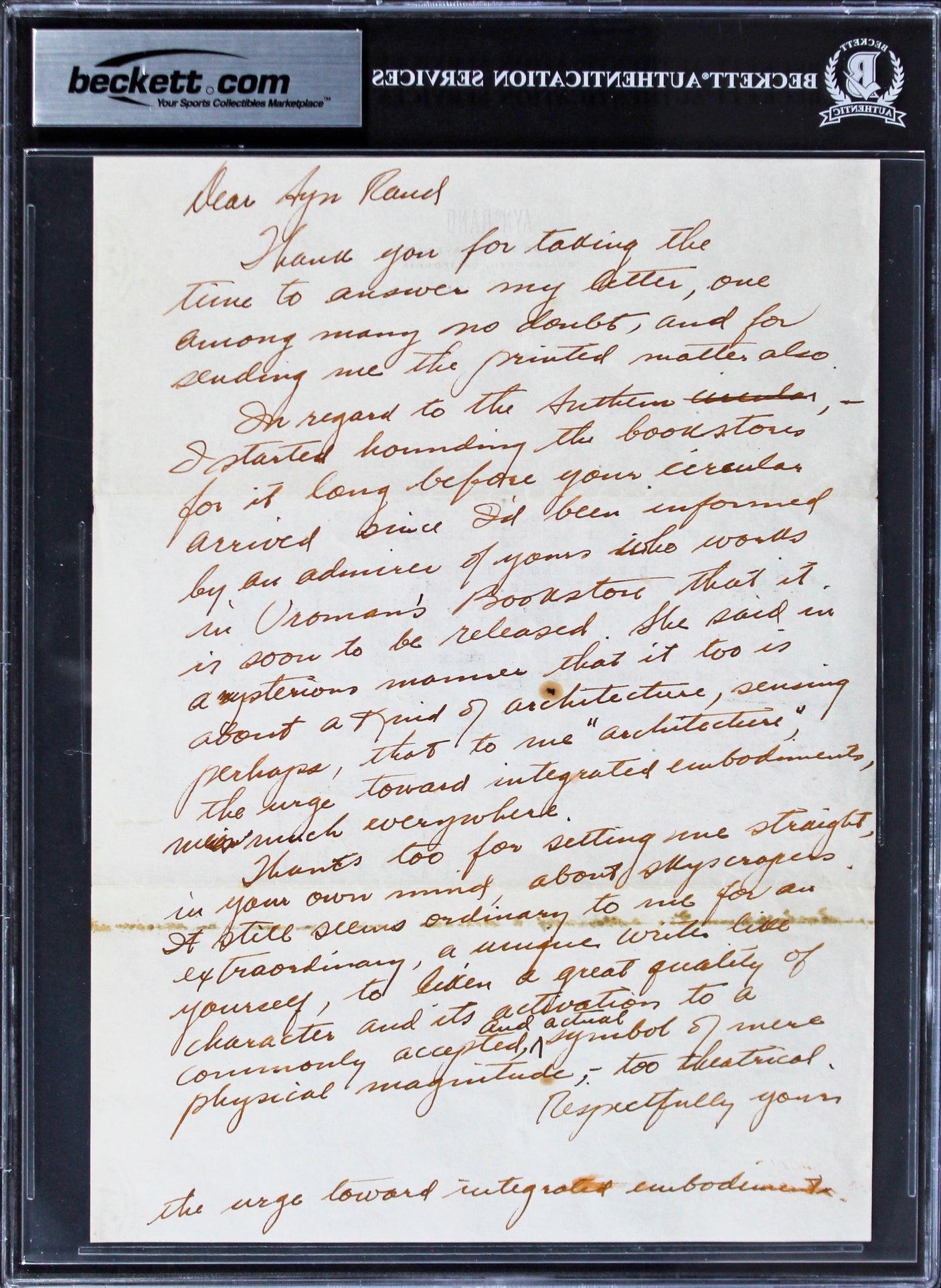 Ayn Rand Authentic Signed 7.25x10 Typed Letter Dated Nov. 29, 1946 BAS Slabbed