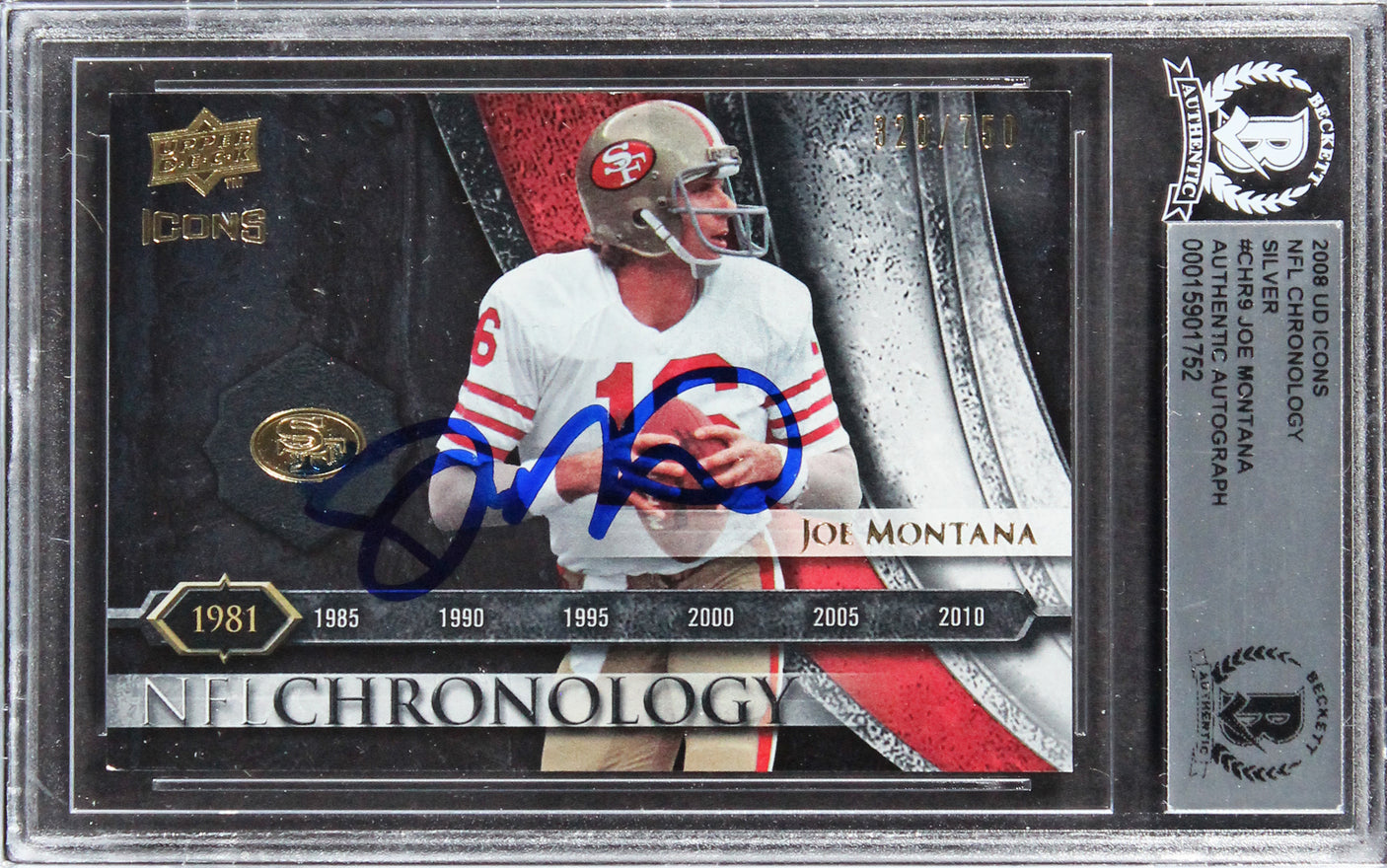 49ers Joe Montana Signed 2008 UD Icons NFL CS #CHR9 #320/750 Card BAS Slabbed
