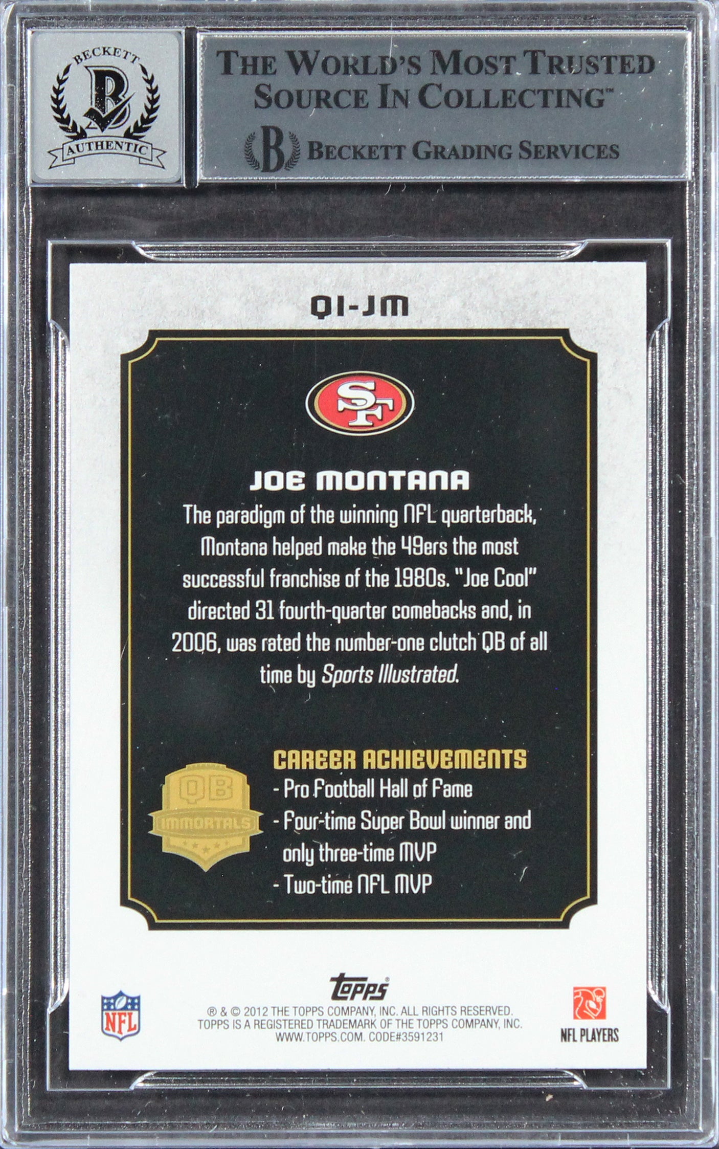 49ers Joe Montana Signed 2012 Topps QB Immortals #QIJM Card Auto 10! BAS Slabbed