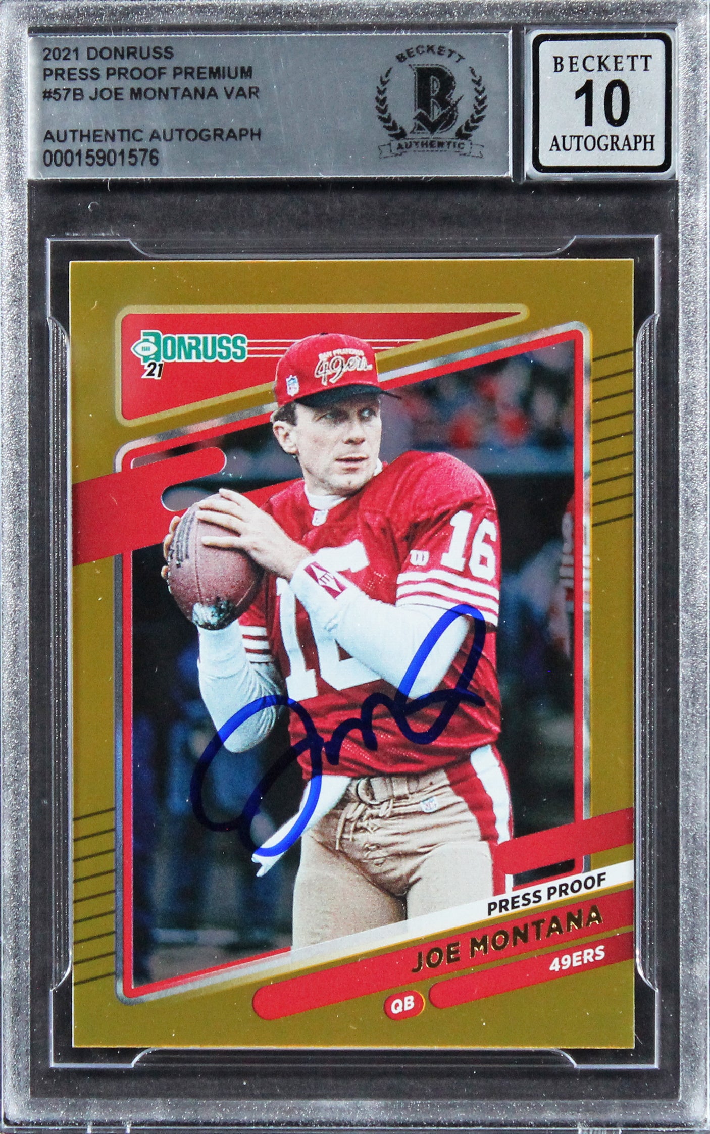 49ers Joe Montana Signed 2021 Donruss PP Premium #57B Card Auto 10! BAS Slabbed