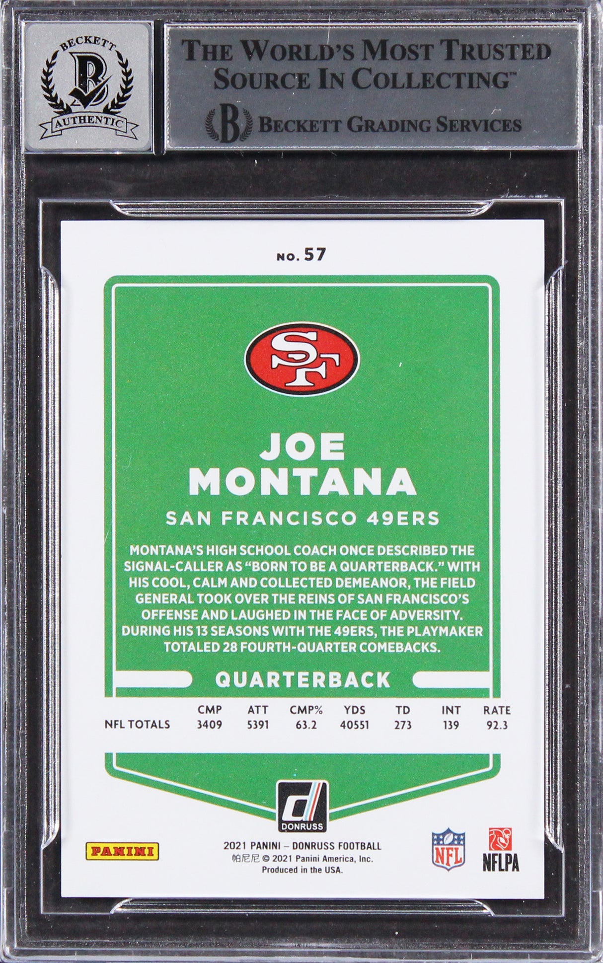 49ers Joe Montana Signed 2021 Donruss PP Premium #57B Card Auto 10! BAS Slabbed