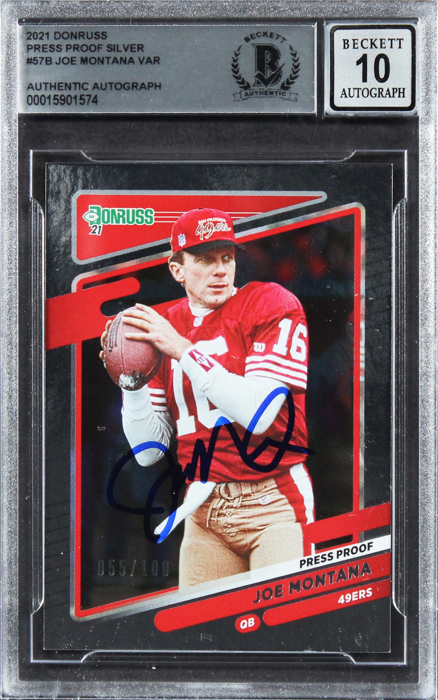 49ers Joe Montana Signed 2021 Donruss PPS #57B #55/100 Card Auto 10! BAS Slabbed
