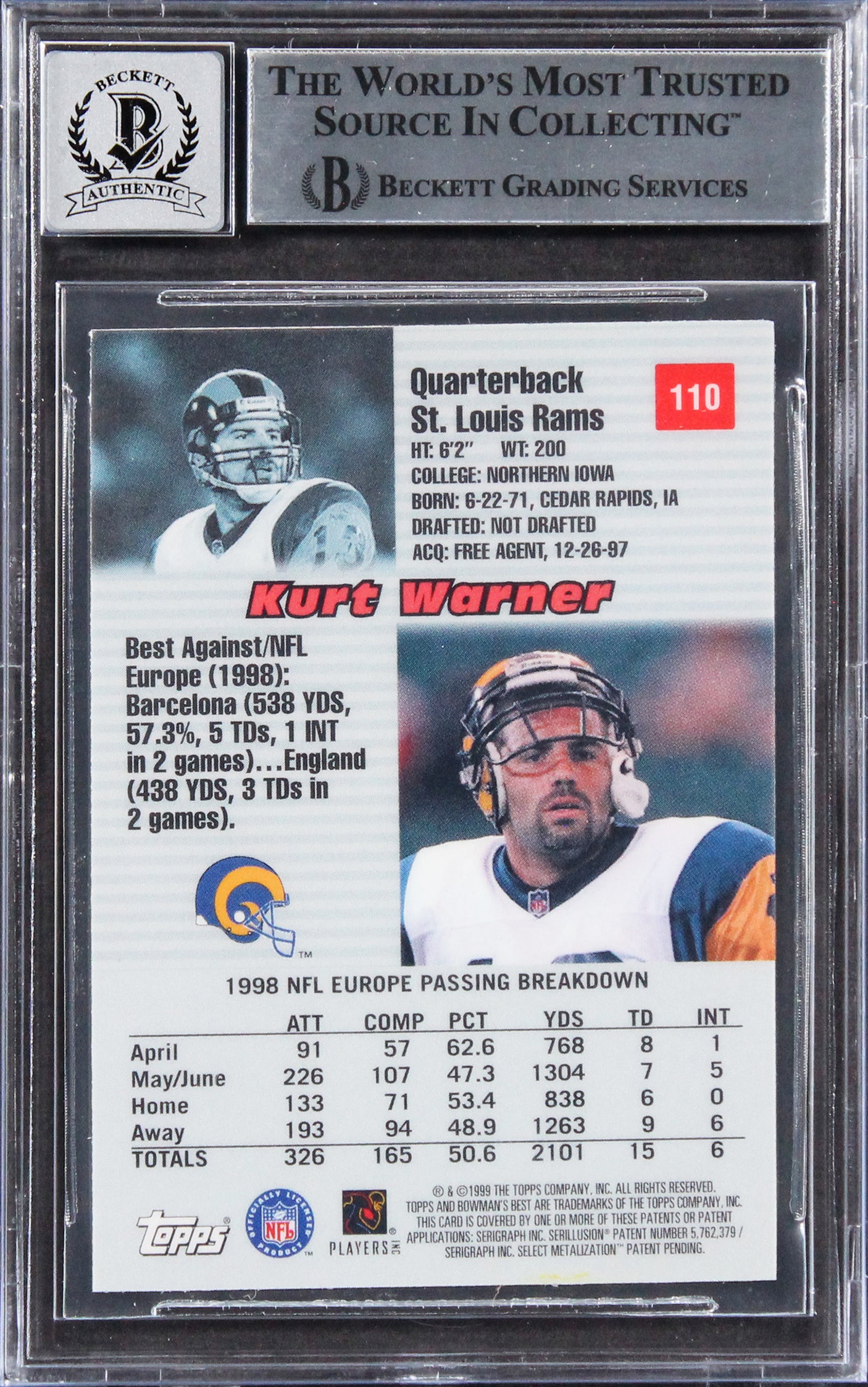 Rams Kurt Warner HOF 17 Signed 1999 Bowman's Best #110 RC Card Auto 10! BAS Slab