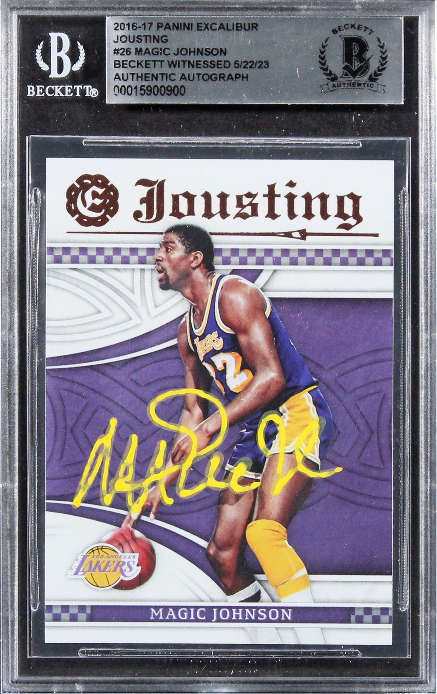 Lakers Magic Johnson Signed 2016 Panini Excalibur Jousting #26 Card BAS Slabbed