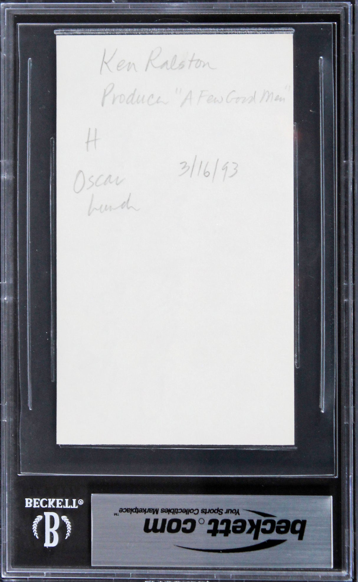 Ken Ralston A Few Good Men "Don't Look Back" Signed 3x5 Index Card BAS Slabbed