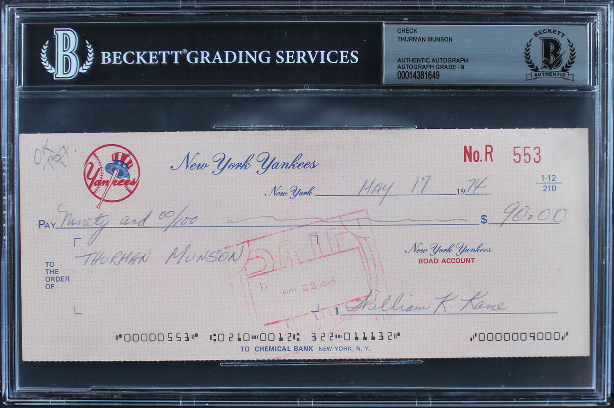 Yankees Thurman Munson Authentic Signed 3.5x8.5 1974 NNY Check Auto 9! BAS Slab