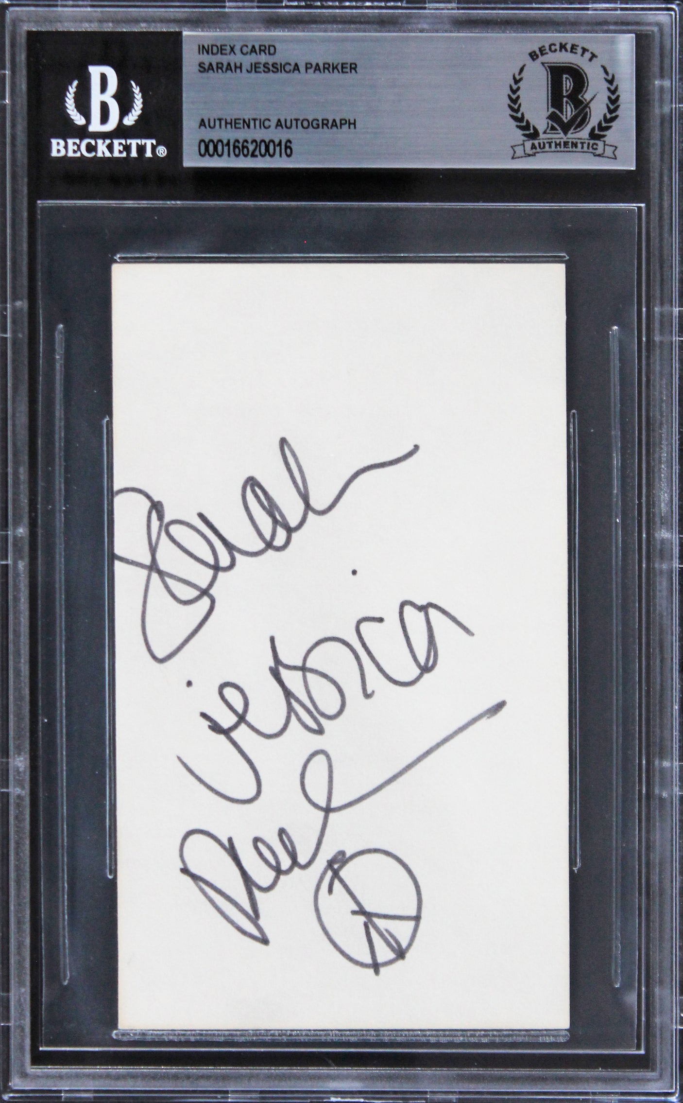 Sarah Jessica Parker Sex And The City "Peace" Signed 3x5 Index Card BAS Slab 3