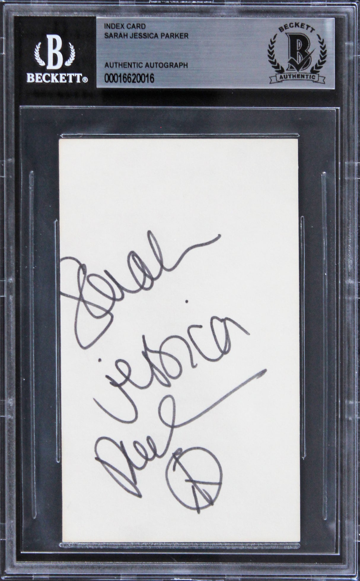 Sarah Jessica Parker Sex And The City "Peace" Signed 3x5 Index Card BAS Slab 3