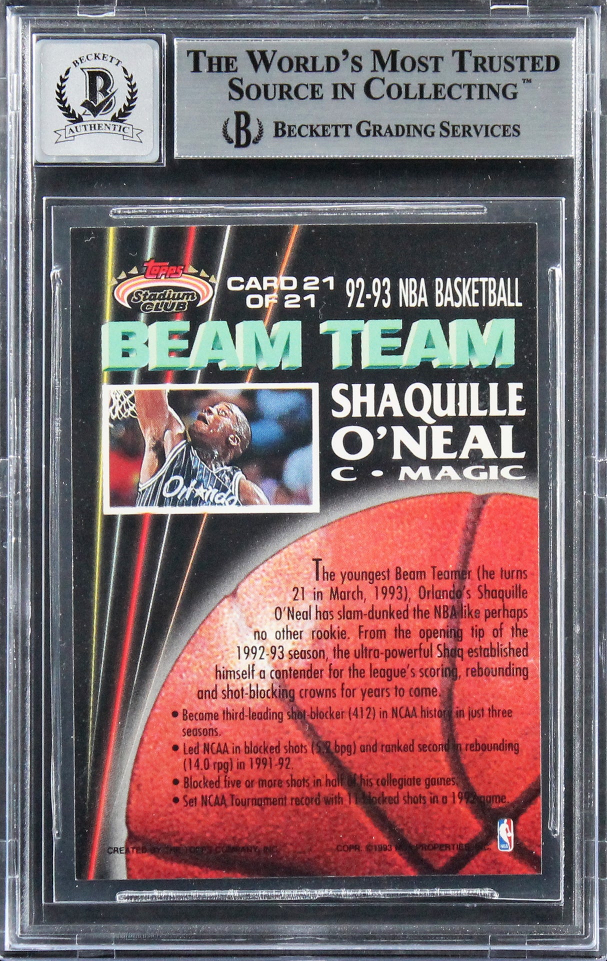Shaquille O'Neal Signed 1992 Stadium Club Beam Team RC Card Auto 10 BAS Slab 2