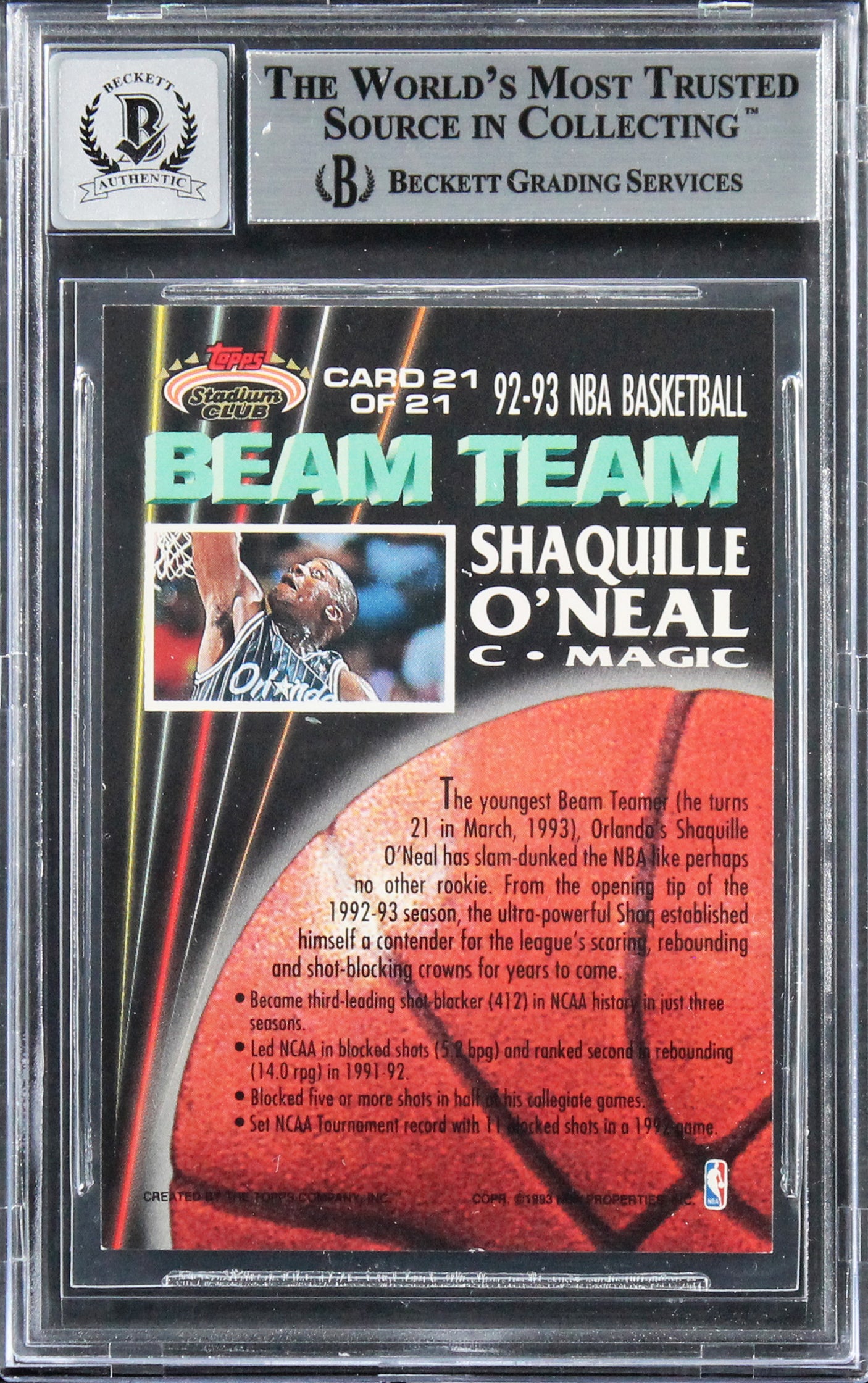 Shaquille O'Neal Signed 1992 Stadium Club Beam Team RC Auto Grade 10 BAS Slab 4