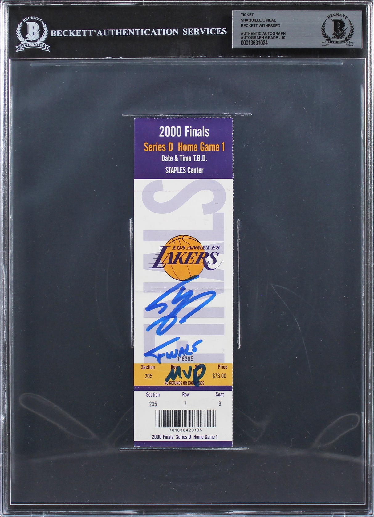 Shaquille O'Neal Finals MVP Signed 2000 Finals GM 1 Ticket Stub Auto 10 BAS Slab