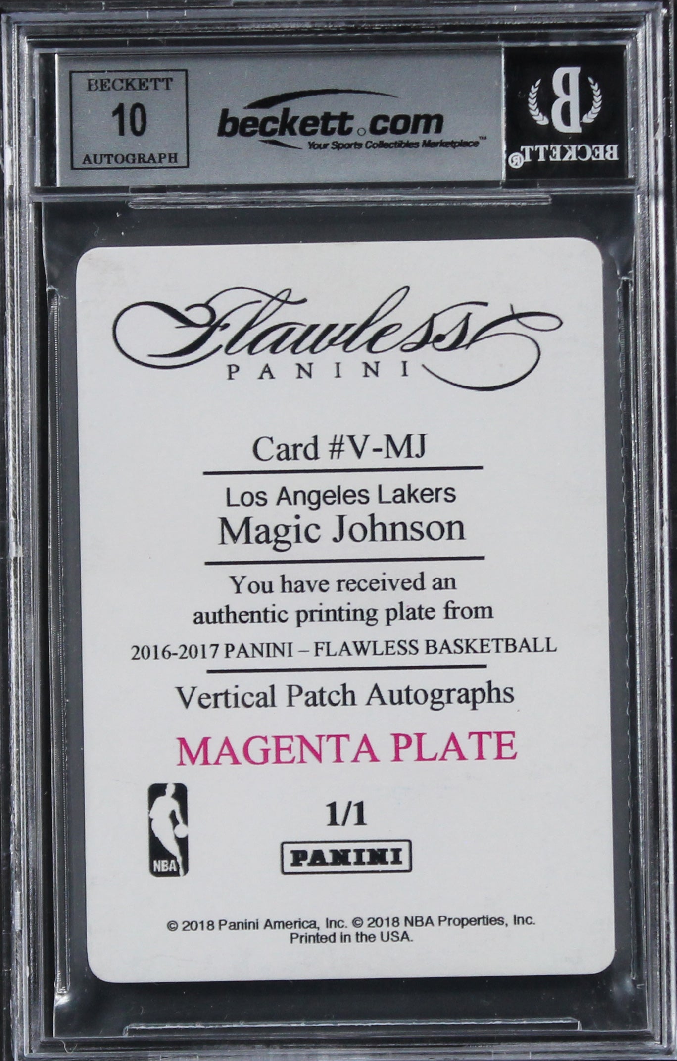 Lakers Magic Johnson Signed 2016 Panini Flawless #VMJ #1/1 Card Auto 10 BAS Slab