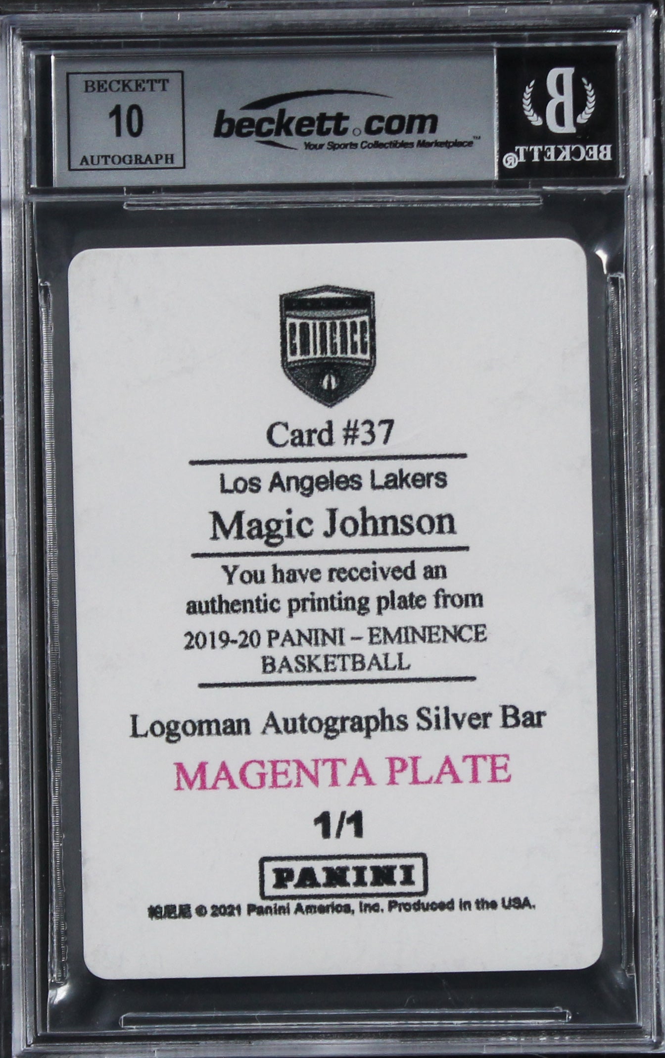 Lakers Magic Johnson Signed 2019 Panini Eminence #37 #1/1 Card Auto 10! BAS Slab
