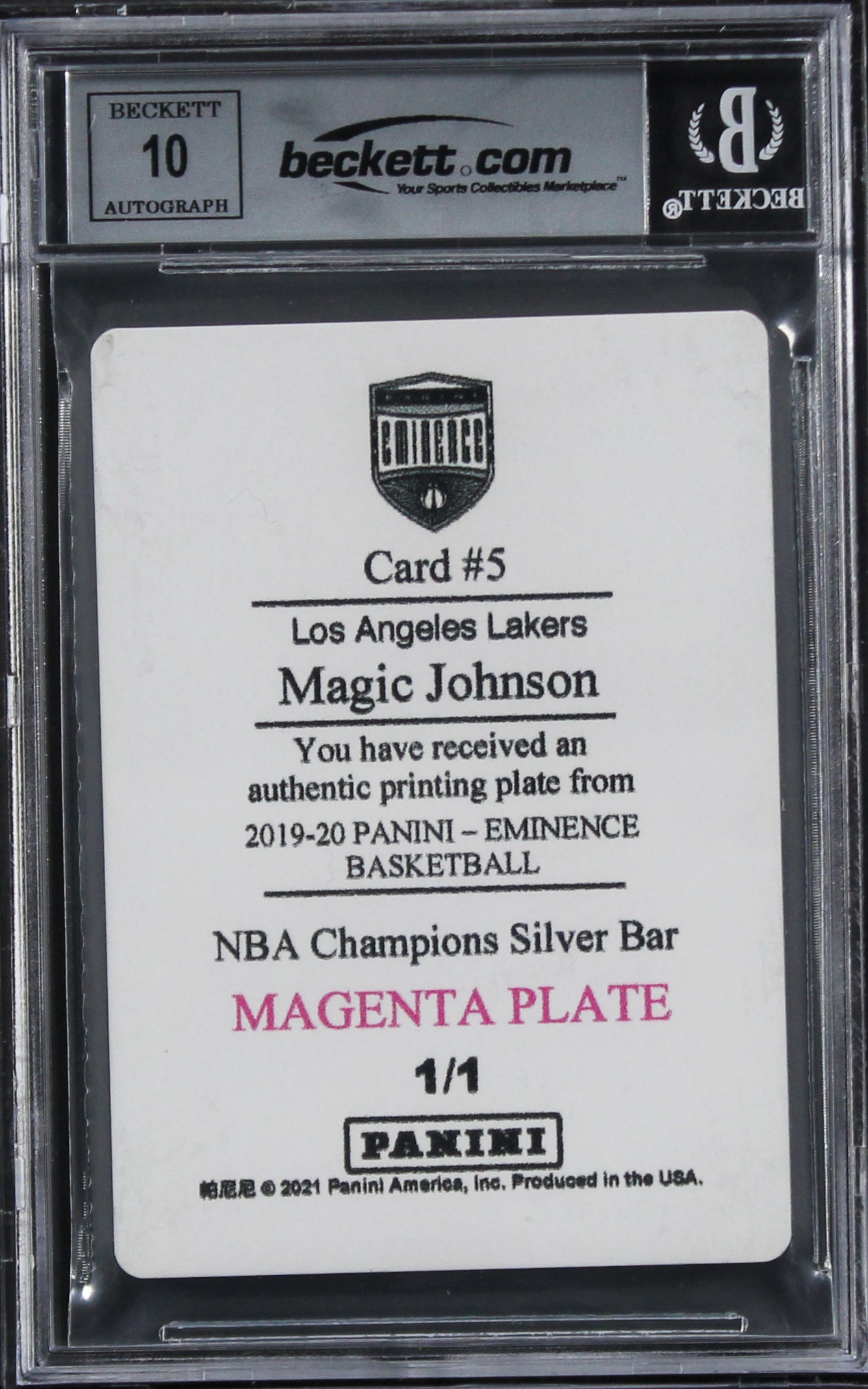 Lakers Magic Johnson Signed 2019 Panini Eminence #5 #1/1 Card Auto 10! BAS Slab