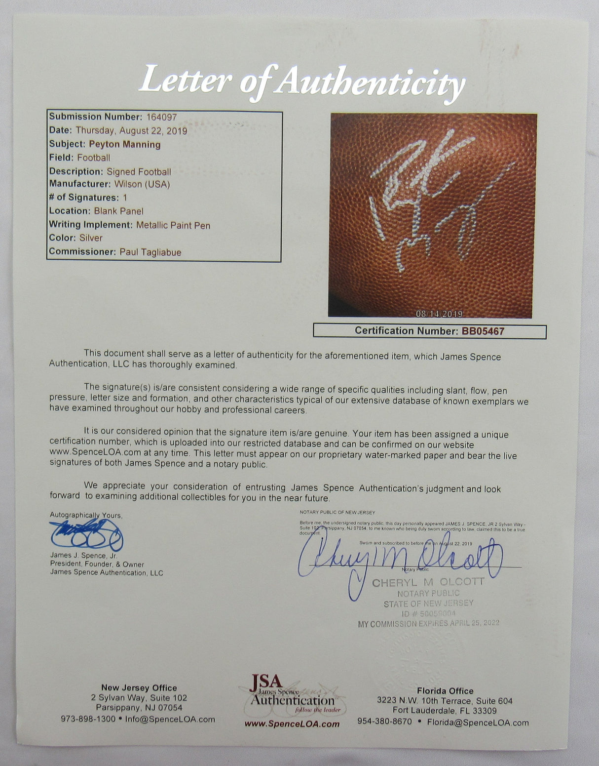 Peyton Manning Signed Auto Autograph Wilson NFL Football JSA BB05467