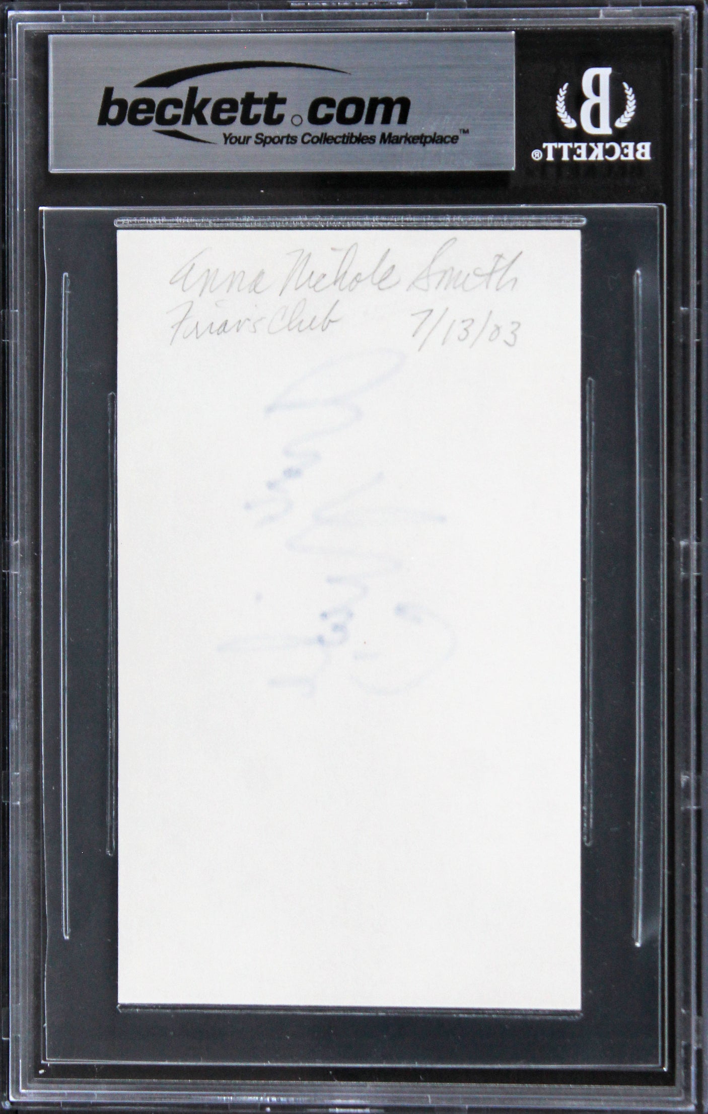 Anna Nicole Smith Playmate Signed 3x5 Index Card Auto Graded Gem 10 BAS Slab 2