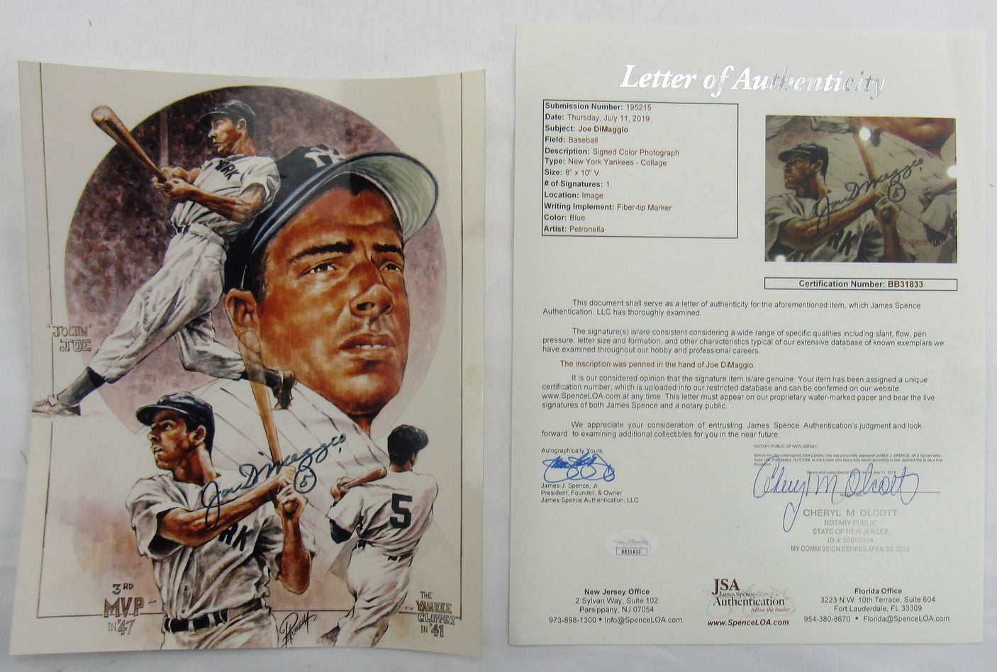 Joe DiMaggio Signed Auto Autograph 8x10 Photo JSA LOA BB31833