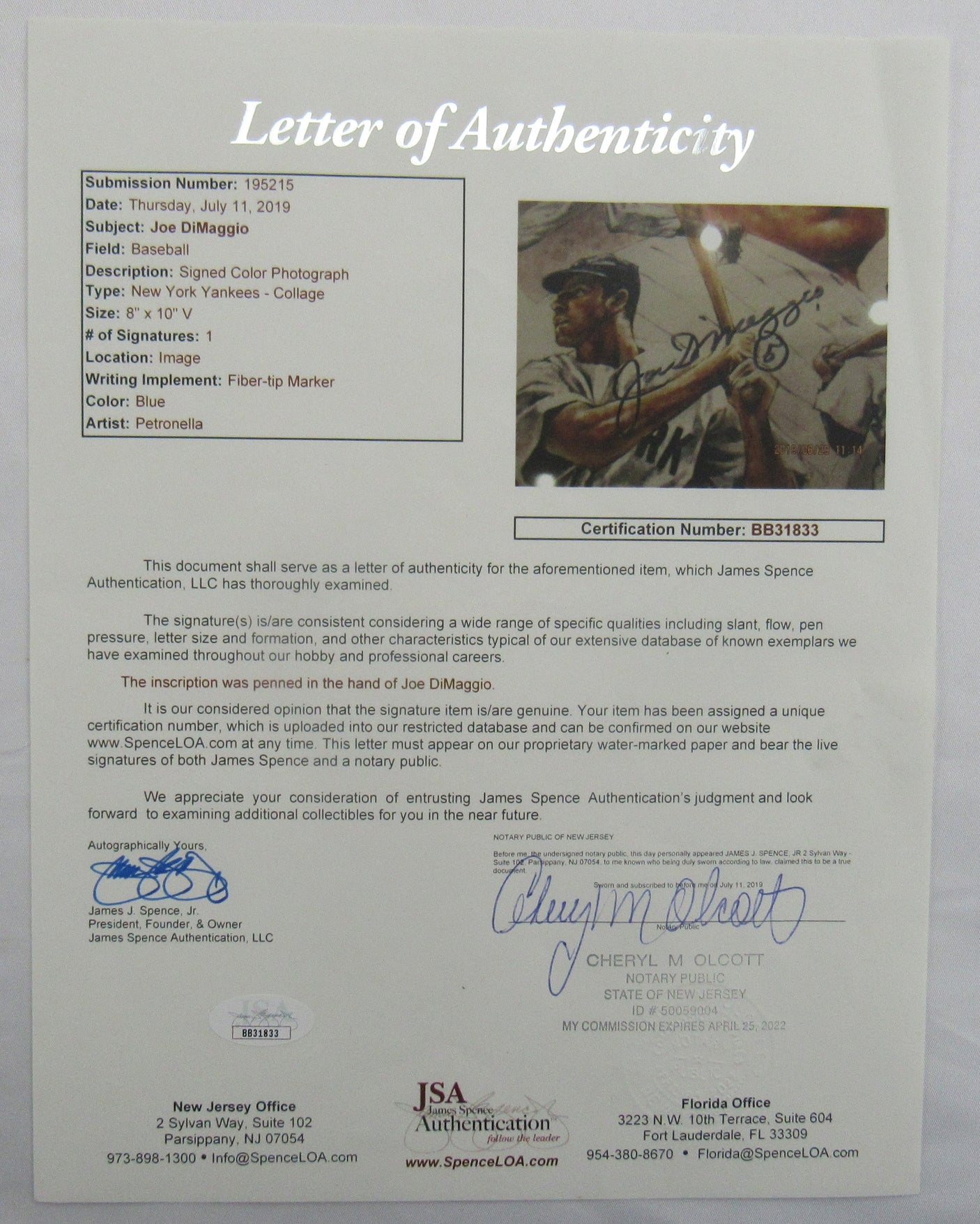 Joe DiMaggio Signed Auto Autograph 8x10 Photo JSA LOA BB31833