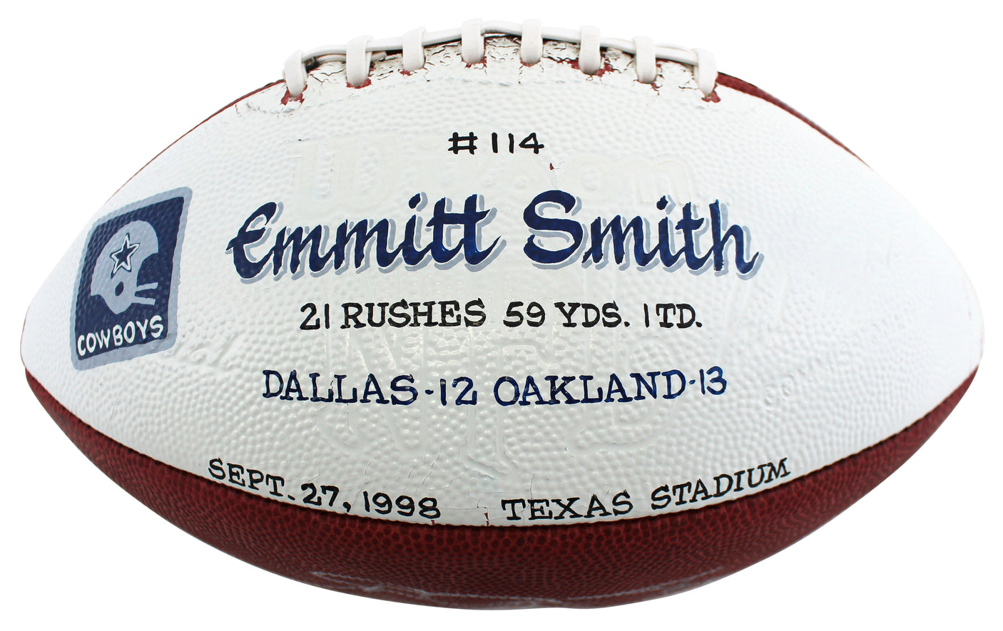 Cowboys Emmitt Smith "TD #114 - 09/27/1998" Signed GU Football BAS & Prova LOA