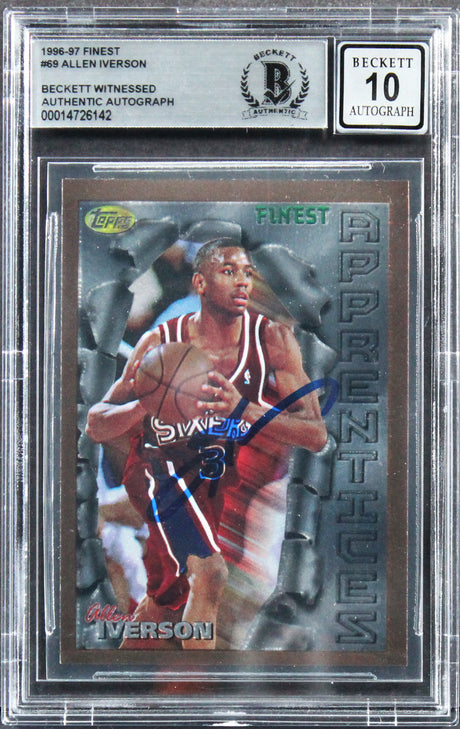 76ers Allen Iverson Signed 1996 Finest #69 Rookie Card Auto 10! BAS Slabbed