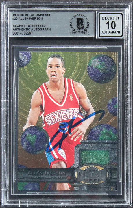 76ers Allen Iverson Signed 1996 Metal Universe #20 Rookie Card Auto 10! BAS Slab