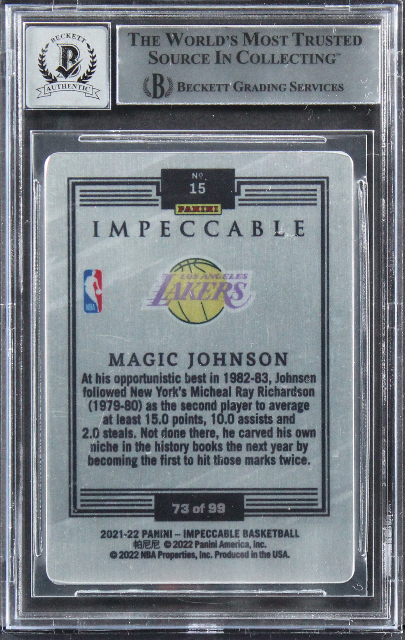 Magic Johnson Signed 2021 Panini Impeccable SS #15 #73/99 Card Auto 10! BAS Slab